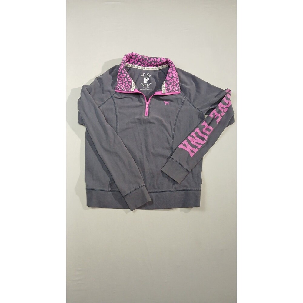 Victoria's Secret PINK 1/4 Zip Pullover M Gray Pink Leopard LOVE PINK Y2K 2012